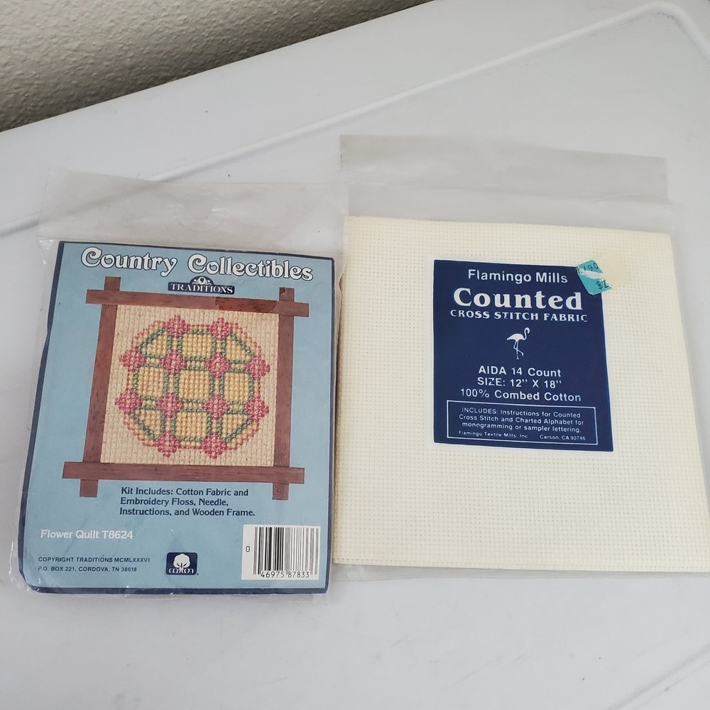 Vintage Traditions Flower Quilt CrossStitch Kit & Flamingo Mills AidaFabric 14ct